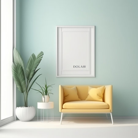 Minimal bright interior. 3D rendering illustration with SQUARE frame on the wall. Generative AIの素材