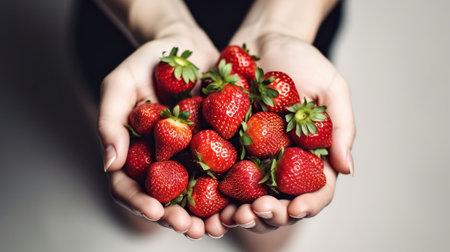 Ripe local produce organic strawberry. Young woman holding heap of red berries in hands. Top View, Clean eating concept. Generative AIの素材