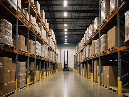 In a warehouse with boxes and boxes hanging on the racks, in the style of strong lighting contrasts, dark yellow and white, elongated shapes. Generative AIの素材