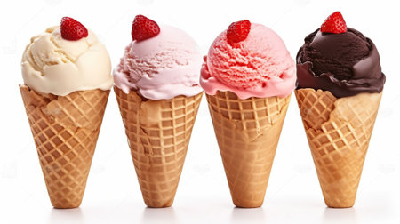Ice cream scoops in cones with chocolate, vanilla and strawberry isolated on white background. Generative AIの素材