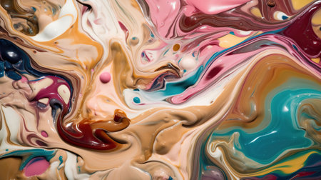Closeup of swirling mixture of oils, paint, milk, and soap. Background. Generative AIの素材