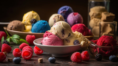 A variety of different flavors of ice cream sit on a table, in the style of dark purple and crimson, vibrant and textured, Generative AIの素材