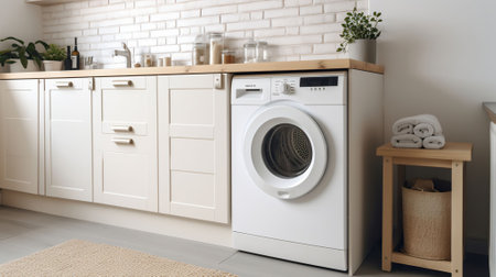 Interior of a real laundry room with a washing machine at the window at home. Generative AIの素材