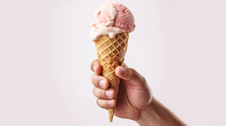 Satisfying Summer Treat, Handheld Milk Ice Cream on a Crispy Waffle Cone Held by a Mans Hand. Generative AIの素材