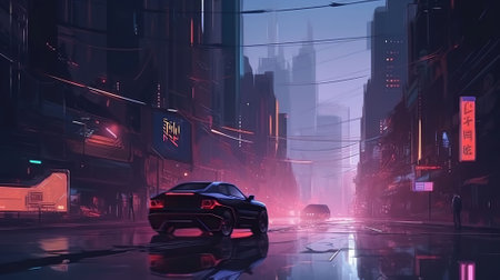 A futuristic city with flying cars, in the style of Blade Runner. Generative AIの素材