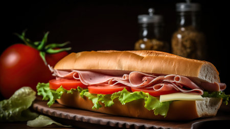 Deli sliced ham on toasted french baguette with melted provolone, iceberg lettuce, and 4 slices of roma tomatoes, Classic Italian food. Generative AIの素材