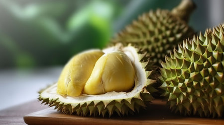 Durian fruit on a wooden board, in the style of focus stacking, dark beige and amber, creative commons attribution. Generative AIの素材