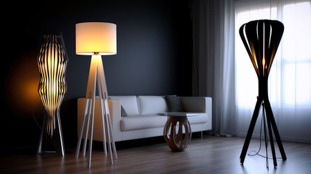 floor lamp design ideas, in the style of luminous 3d objects, dark white and dark maroon, high-key lighting, contemporary gothic, Generative AIの素材