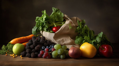 Bunch of mixed organic fruits, in full eco friendly shopping bag to reduce ecological footprint. Zero waste concept. copy space, Generative AIの素材