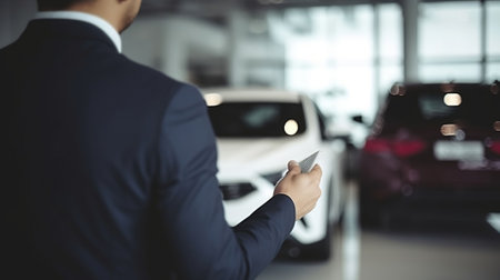 Car dealership sales person at work concept. Portrait of young sales representative wearing formal wear suit, showing vehicles at automobile exhibit center. Close up, Generative AIの素材