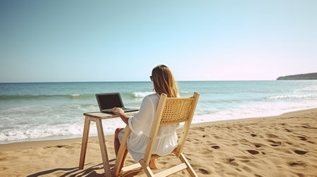 Fit young woman sitting on deck chair at sea view beach using laptop. Female freelance programmer in chaise-longue lounge working coding surfing on notebook computer. Generative AIの素材