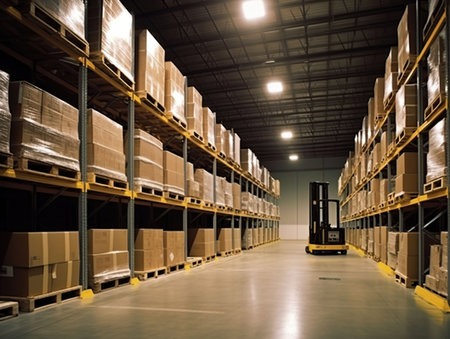 In a warehouse with boxes and boxes hanging on the racks, in the style of strong lighting contrasts, dark yellow and white, elongated shapes. Generative AIの素材
