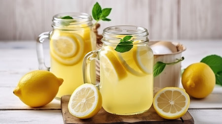 Mason jar glasses of homemade refreshing lemonade with slices of organic ripe lemon, whole and halves, squeezer on a rustic white wooden background. Generative AIの素材