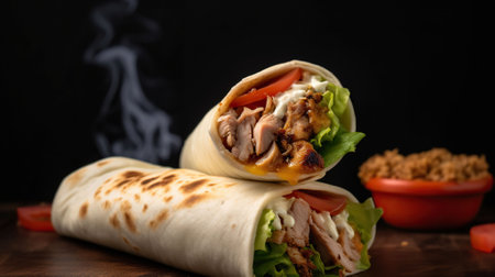 Shawarma sandwich gyro fresh roll of lavash (pita bread) chicken, lamb or beef shawarma Traditional Eastern oriental snack, Generative AIの素材