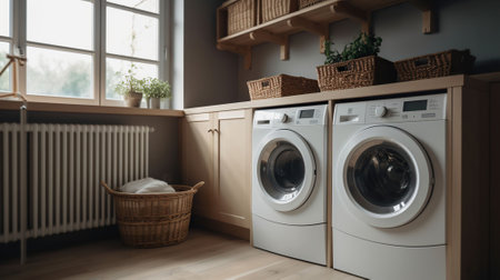 Interior of a real laundry room with a washing machine at the window at home. Generative AIの素材