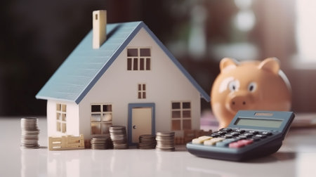 Home Sweet Home, A Paper House Model with Coin, Piggy Bank, and Customer Discussing Real Estate Purchases and Financial Planning, Generative AIの素材