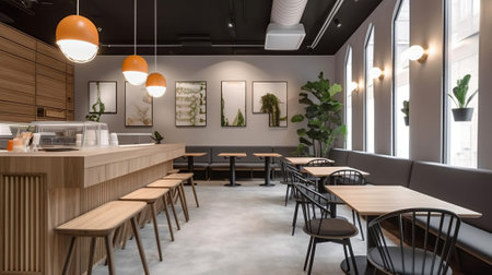 A modern and minimalist food court with a focus on health and wellness. The decor is sleek and minimalist, with a soothing color palette of whites, grays, and earthy greens. Generative AIの素材