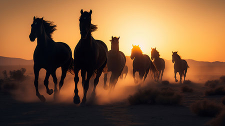Horses running on plains at dusk and sunset, silhouette of running stallions, wild horses running, , Generative AIの素材
