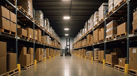 Warehouse has many shelving space and racking, in the style of dark yellow and dark white. Generative AIの素材