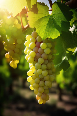 Sunny summer, Clusters of ripe grapes in the vineyard, Full, Crystal clear fruit, Vineyards in the background, Generative AIの素材