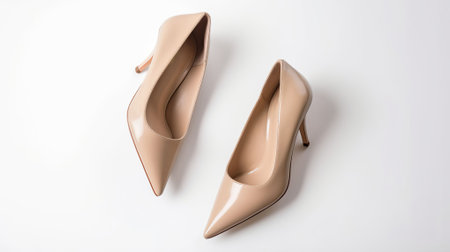 Stylish classic womens beige leather shoes with medium high heels shot from top and from the side, isolated on solid white background. Shoe sale / clearance ad concept. Generative AIの素材