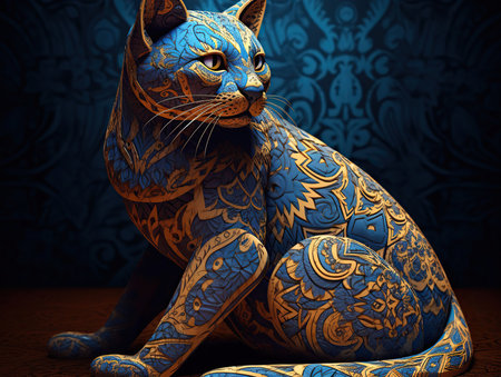 Feline Illusion, A Cut Paper Exotic Cat with Intricate Ornate Patterns and Shadow Play. Generative AIの素材