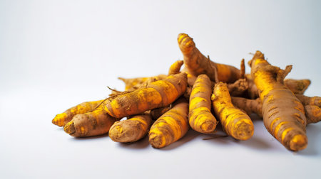 Bunch of ripe dried organic turmeric roots laid in composition on white background. Curcuma at table counter. Generative AIの素材