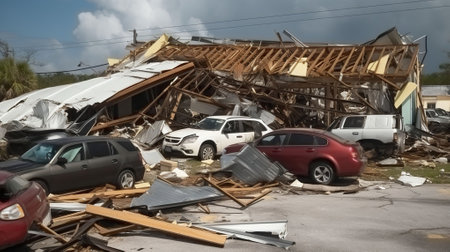 Hurricane destroyed industrial building with damaged cars under ruins. Generative AIの素材