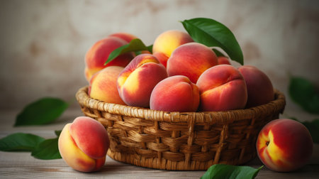 Bunch of ripe organic peaches in a wicker bowl, white wooden table background. Local produce fruits in a basket. Clean eating concept. Close up, Generative AIの素材
