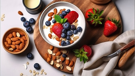 Serving option of granola bowl with mix of nuts, cereals, fruits and berries, greek yogurt. Healthy vegetarian breakfast, organic strawberry, blueberry, mint, almond. Close up, Generative AIの素材