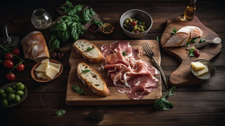 Sliced bread topped with cheese and prosciutto on a wooden board, garnished with herbs and olives, small dish of olive oil with a sprig of basil, all set on a wooden dining table, Generative AIの素材