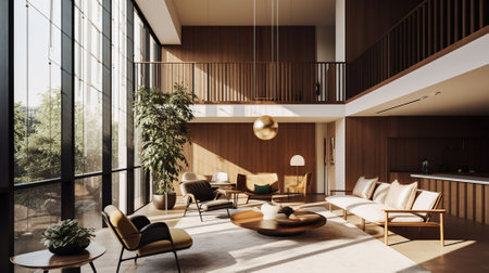 Spacious, double-height lounge in an apartment building with and open second level that combines the warmth of organic architecture, vintage aesthetics. Generative AIの素材