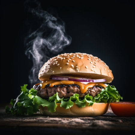 Freshly cooked hamburger on a dark background, food photo. Generative AIの素材