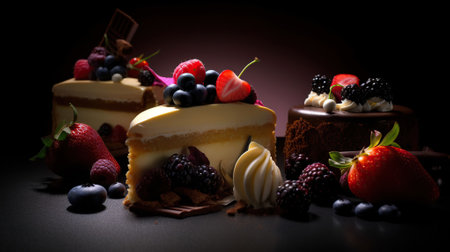 Some chocolate, fresh fruits and strawberry cake on a black background, in the style of thick paint layers, made of cheese, black and white contrasts. Generative AIの素材