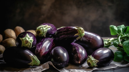 Bunch of ripe organic polished eggplants laid in composition on grunged stone background. Aubergine vegetables at table counter. Generative AIの素材