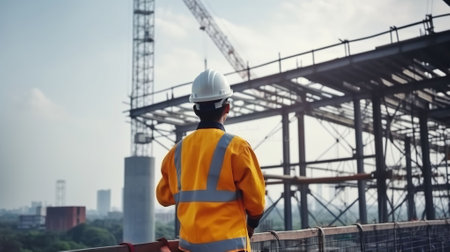 Engineer technician Looking Up and Analyzing an Unfinished Construction Project, Generative AIの素材