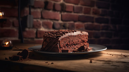 Tasty chocolate cake on brick wall background. Generative AIの素材