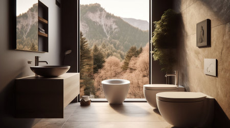 A Wall mounted smart closet tool in bathroom, in the style of organic nature - inspired forms, realistic rendering, mountainous vistas, traditional. Generative AIの素材
