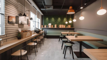 Shooting of the interior of a modern cafe with chairs and tables, The decor is sleek and minimalist, with a soothing color palette of whites, grays, and earthy greens. Generative AIの素材