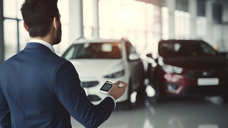 Car dealership sales person at work concept. Portrait of young sales representative wearing formal wear suit, showing vehicles at automobile exhibit center. Close up, Generative AIの素材