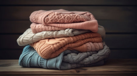 Bunch of knitted warm pastel color sweaters with different knitting patterns folded in stack on brown wooden table, grunged texture wall background. Fall winter season knitwear. Generative AIの素材