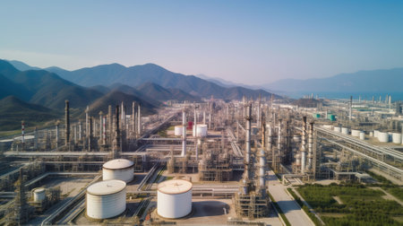 Oil refinery with a background of mountains and sky.The factory is located in the middle of nature, Generative AIの素材