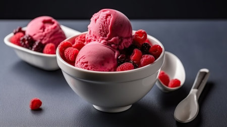 Cool and Creamy Delight, Overhead View of Raspberry Ice Cream in a White Bowl. Generative AIの素材
