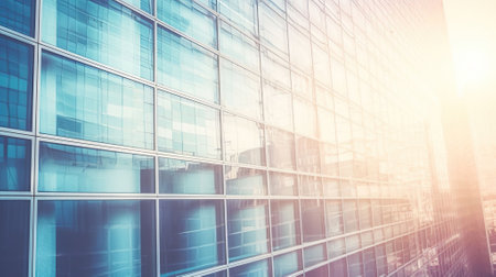 Modern building in the city with sunlight. Abstract texture and blue glass facade in modern office building. Retro stylized colorful tonal filter effect. Sunlight, Generative AIの素材