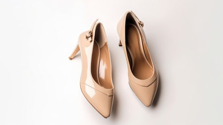 Stylish classic womens beige leather shoes with medium high heels shot from top and from the side, isolated on solid white background. Generative AIの素材