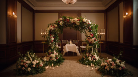 The wedding venue was transformed into a fairytale-like setting with lush greenery and flowers cascading down the walls. Generative AIの素材