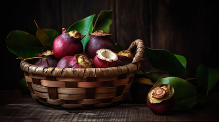 Fresh Mangosteen in bamboo basket and on old wood background. Mangosteen has been known as The Queen of Fruits, asia fruits concept. Generative AIの素材