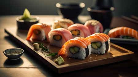 Japanese sushi rolls on a black platter, in the style of light maroon and emerald, meticulous photorealistic still lifes, Generative AIの素材