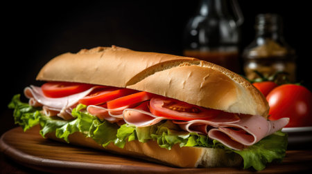Deli sliced ham on toasted french baguette with melted provolone, iceberg lettuce, and 4 slices of roma tomatoes, Classic Italian food. Generative AIの素材