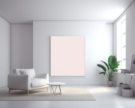 Minimal bright interior with round mirror on the wall. 3D rendering illustration. Generative AIの素材